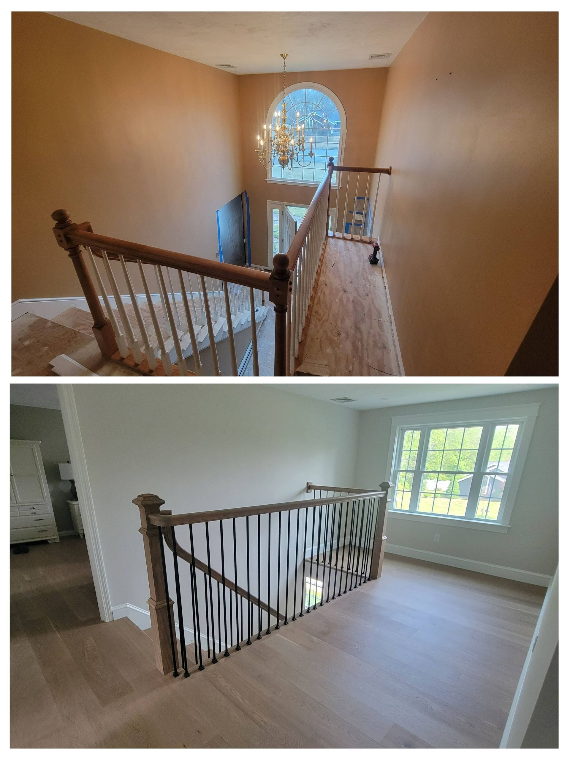 Two-panel photo shows before and after of a home's staircase and landing; old, orange walls transformed to gray.