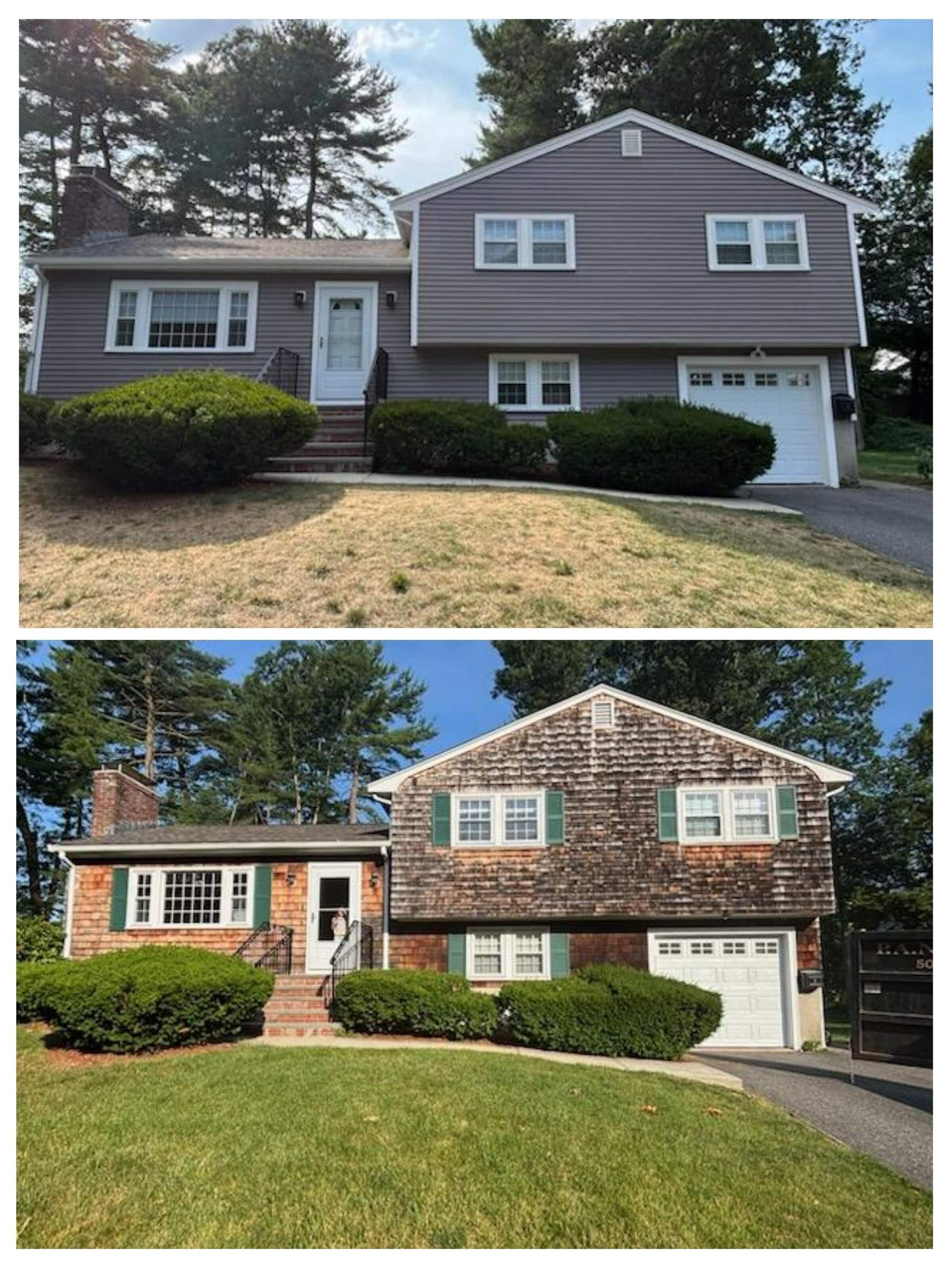 Two-story house before and after renovation: gray siding vs. weathered cedar, green shutters, and landscaping.