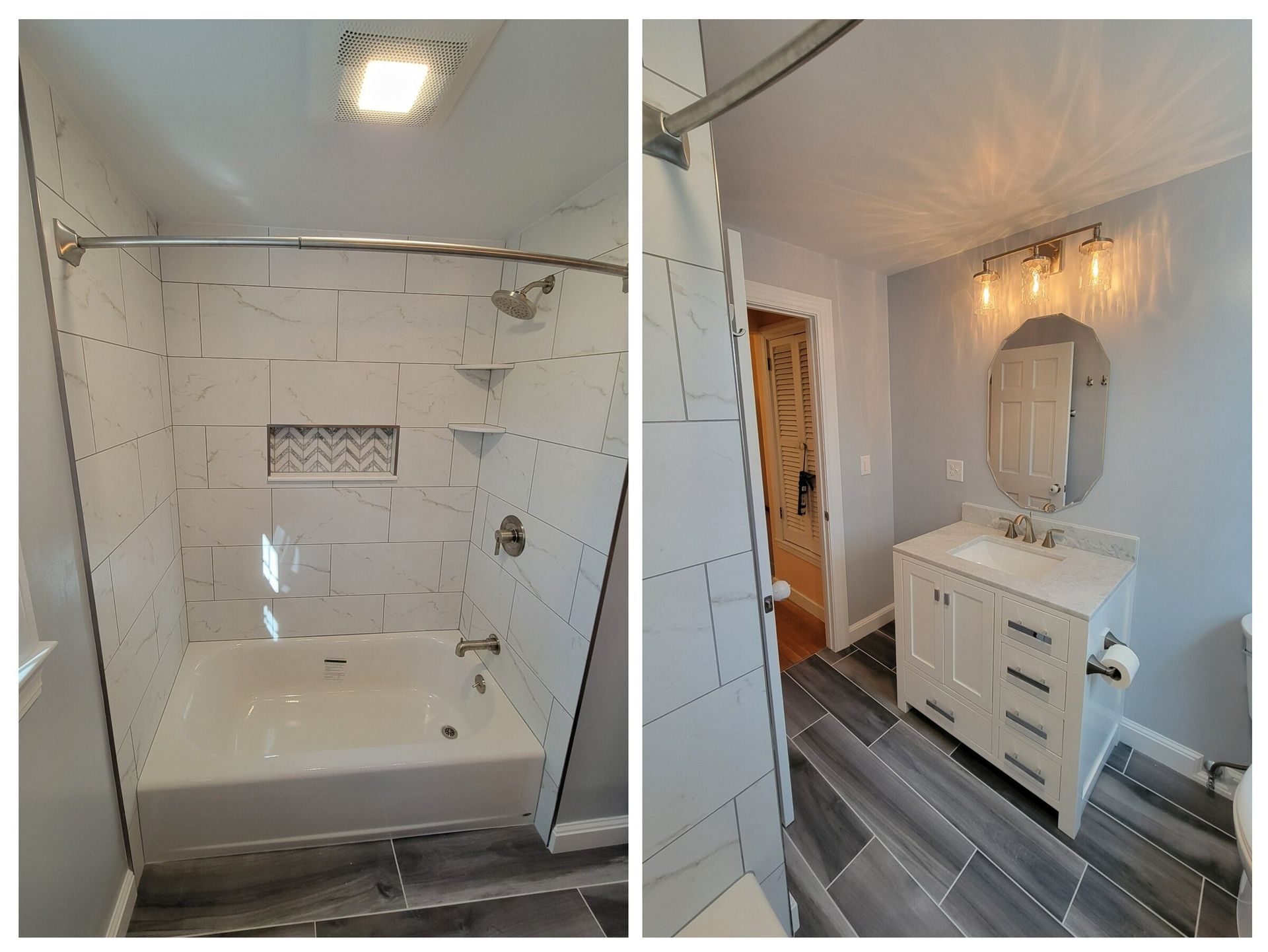 Two views of a newly renovated bathroom. One shows a white tiled shower, the other a vanity with mirror and light fixture.