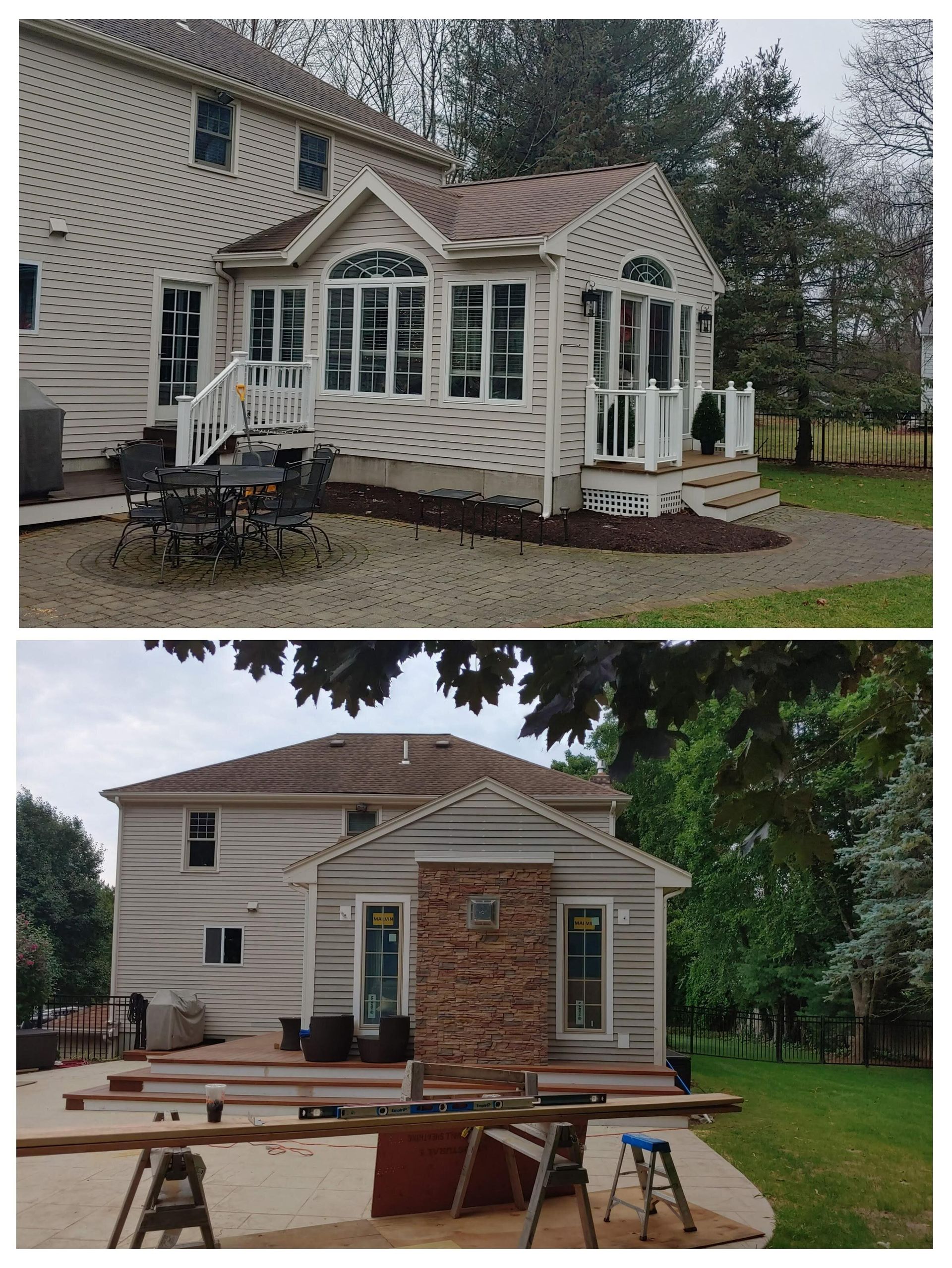Top: Back of a house with a sunroom, white siding, and outdoor furniture. Bottom: House back with new brick facade and construction.