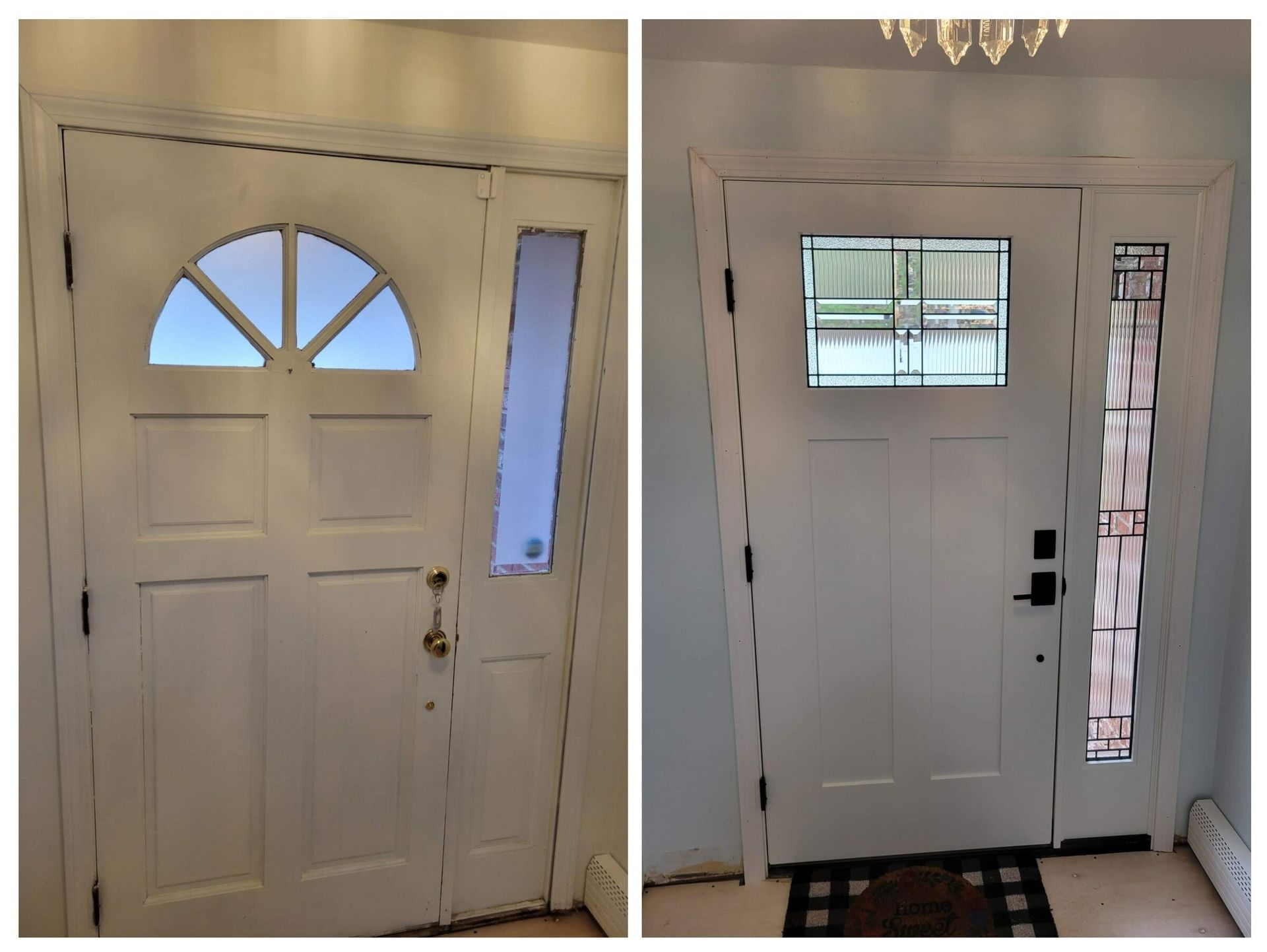 Two white front doors, one with a half-circle window and side panel, the other with a square window and side panel with a decorative pattern.