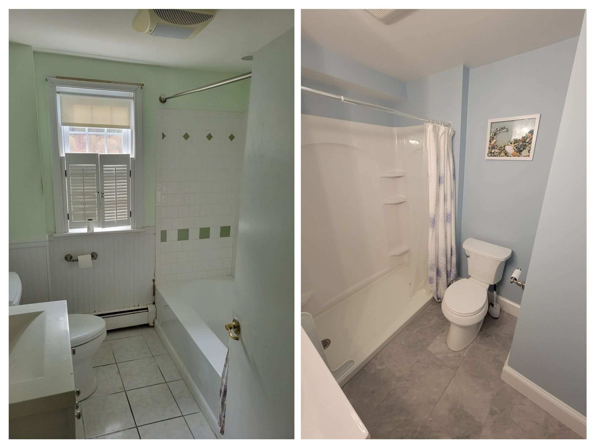 Two bathroom photos: before with green walls, after with blue walls. Remodel shows updated shower and flooring.
