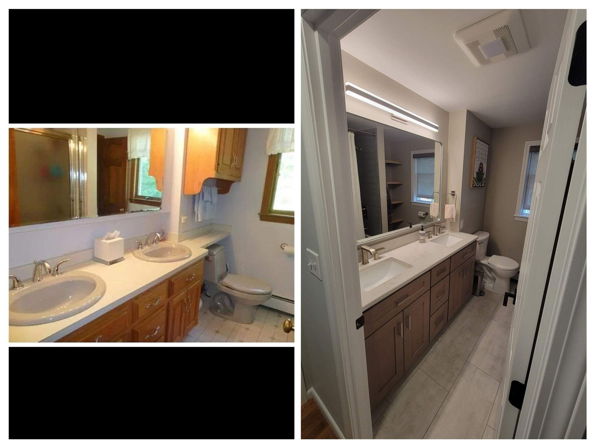 Bathroom renovation before and after: Old vanity with oak cabinets, new with mauve cabinets.