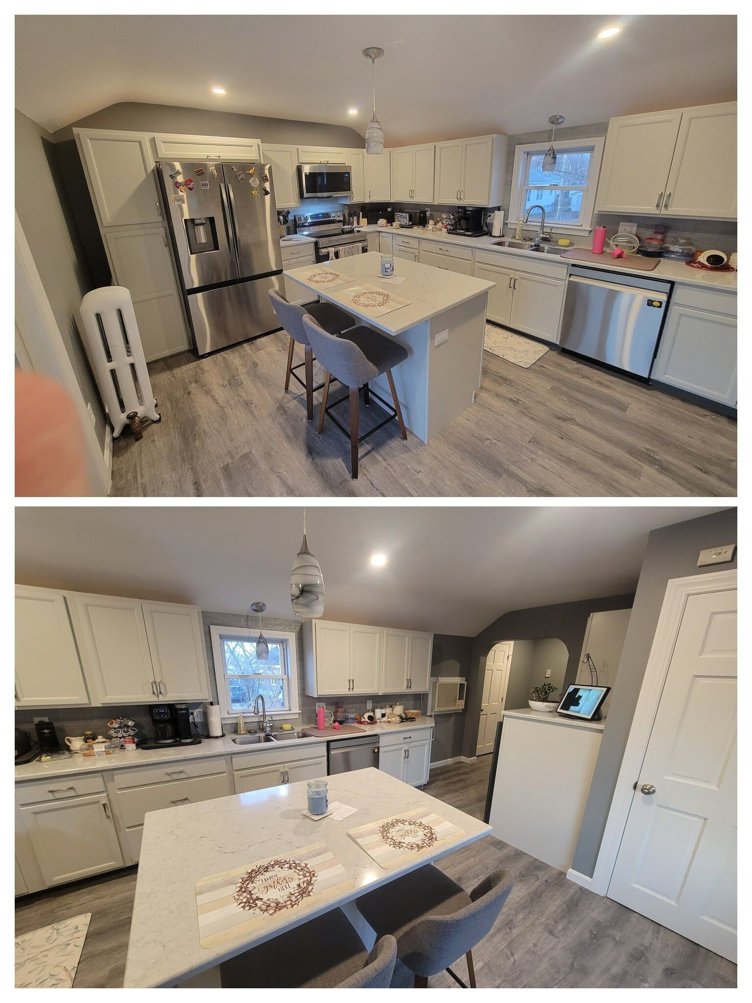 Two photos of a remodeled kitchen. Light gray cabinets, stainless steel appliances, and a gray-and-white island.