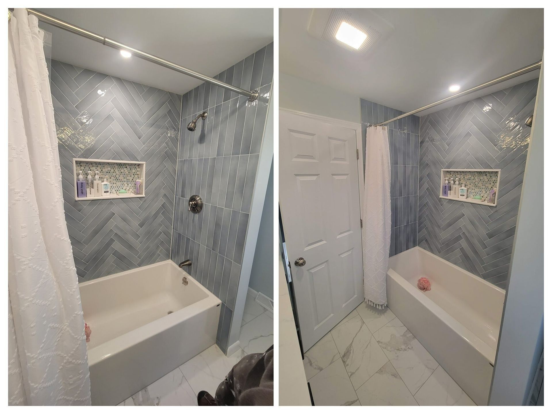 Two photos: a bathroom with blue tiled shower wall, white tub and marble floor.