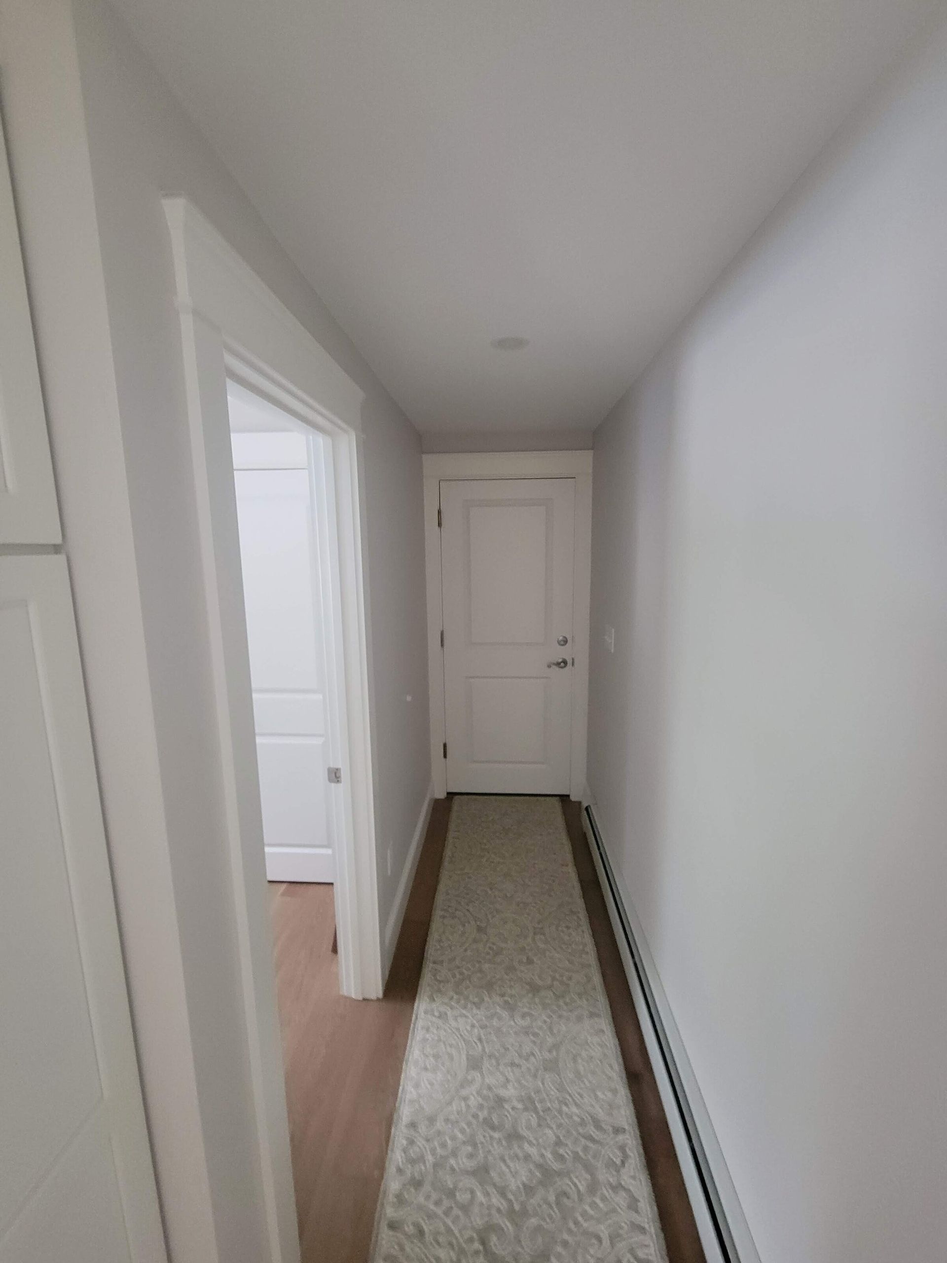 Narrow hallway with a long rug, leading to a closed door, and a door on the left.