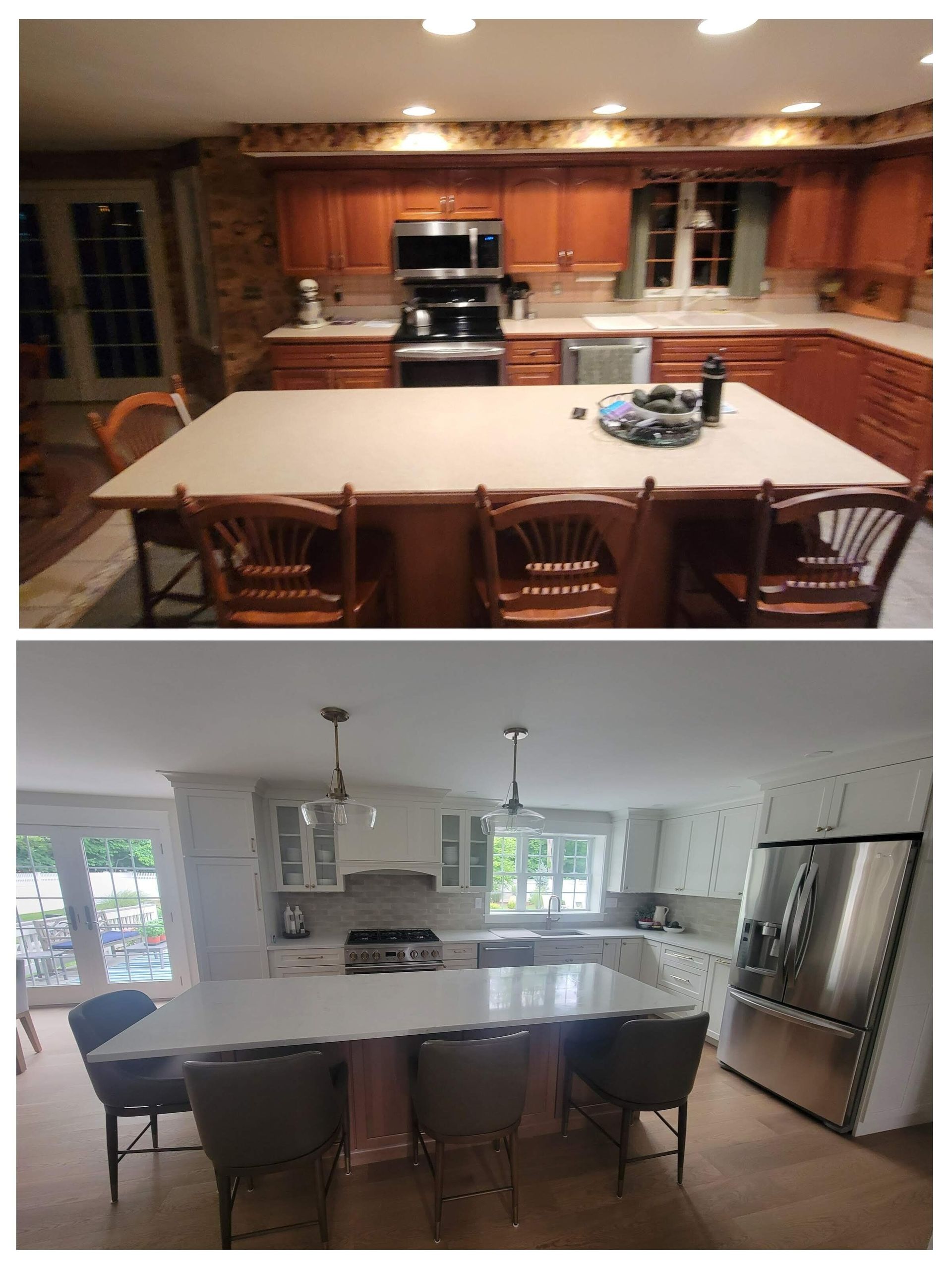 Kitchen before and after renovation: old with wood cabinets, new with white cabinets and island.