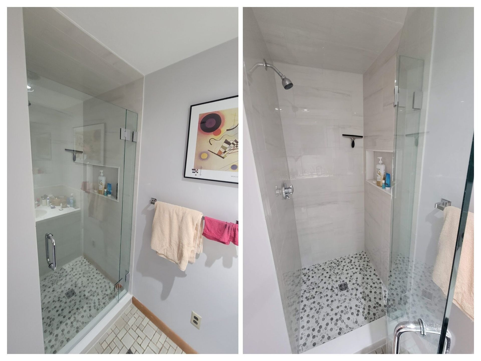 Two photos of a remodeled bathroom shower: glass doors, pebble floor, white tile walls, and silver fixtures.
