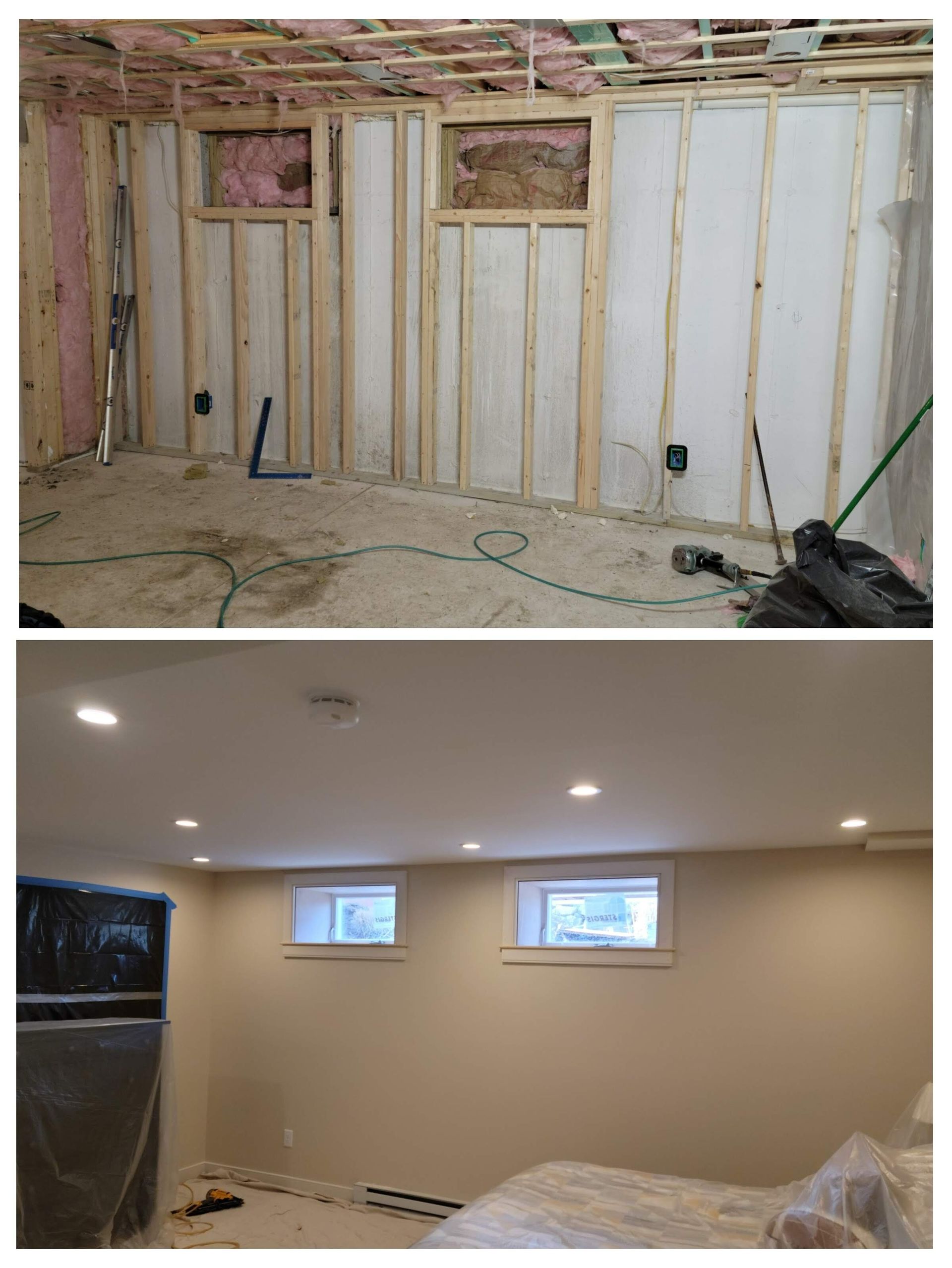 Top: Unfinished basement framing with insulation. Bottom: Finished basement with lights, windows, and neutral walls.