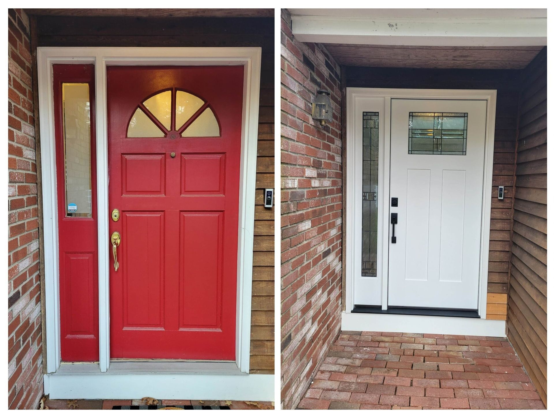 Two front doors: one red with a sidelight, the other white with a sidelight. Brick exterior.