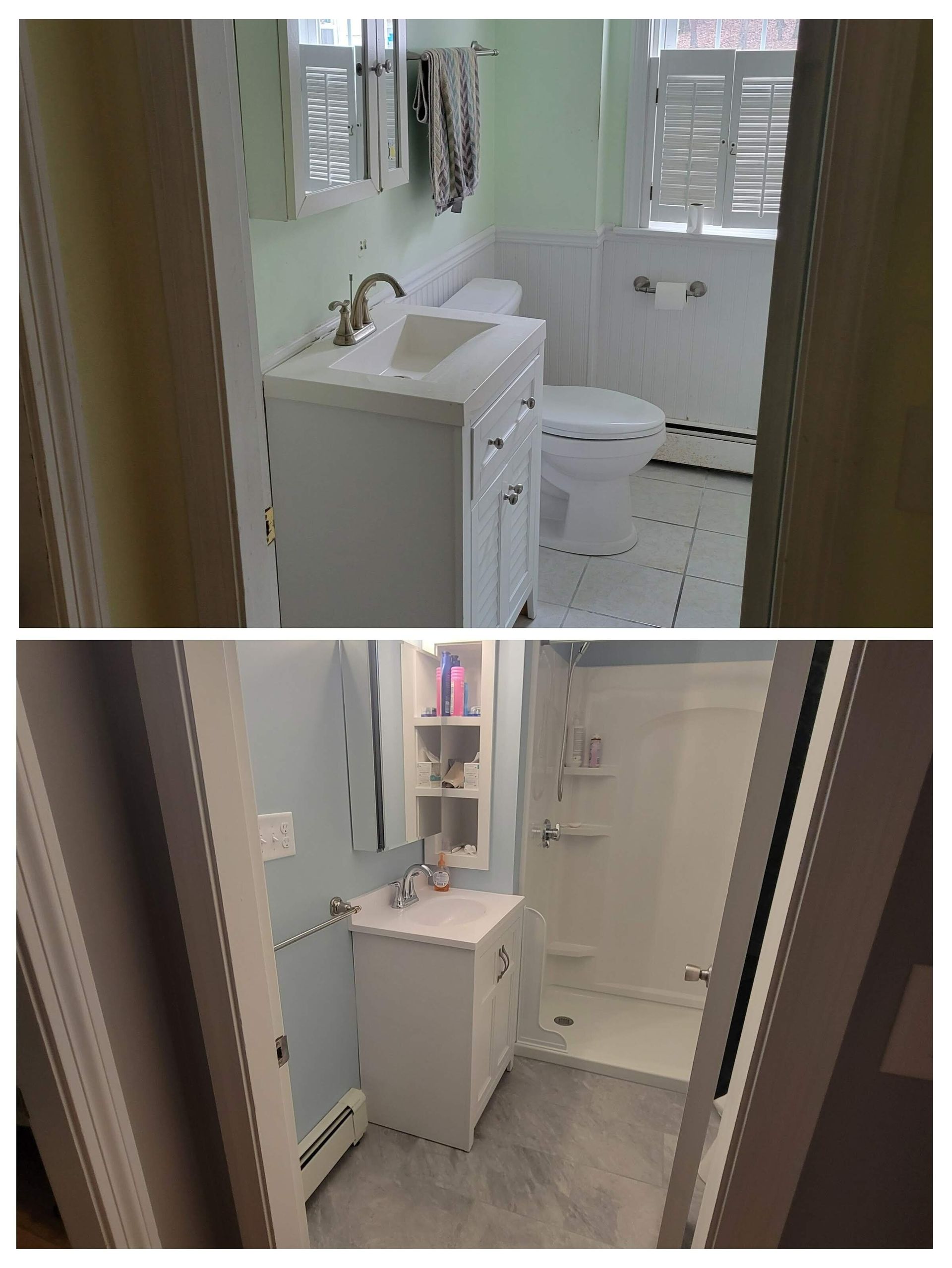 Two bathroom views before and after renovation. White cabinets, sink, and toilet, with mint and blue walls.