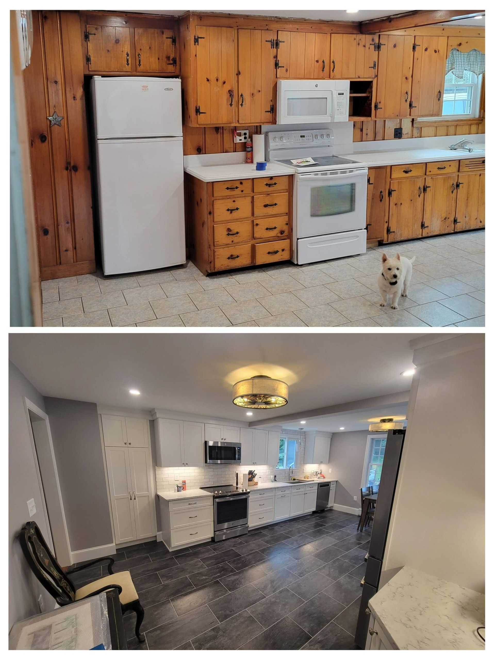 Before and after of a kitchen renovation. Old kitchen is wood, new is white with dark flooring.