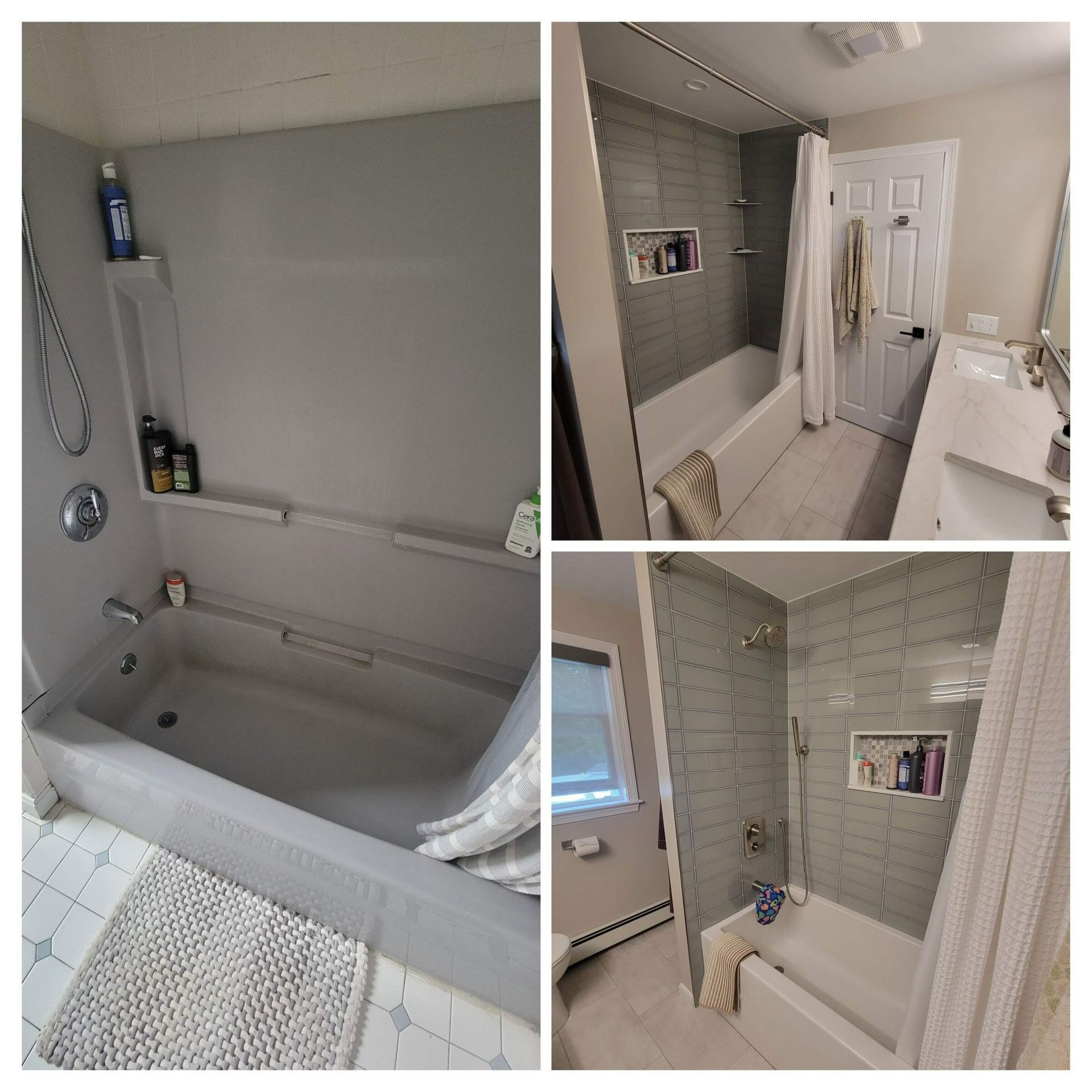 Bathroom renovation: gray tiled shower, white tub, new shelves and fixtures; updated and improved.