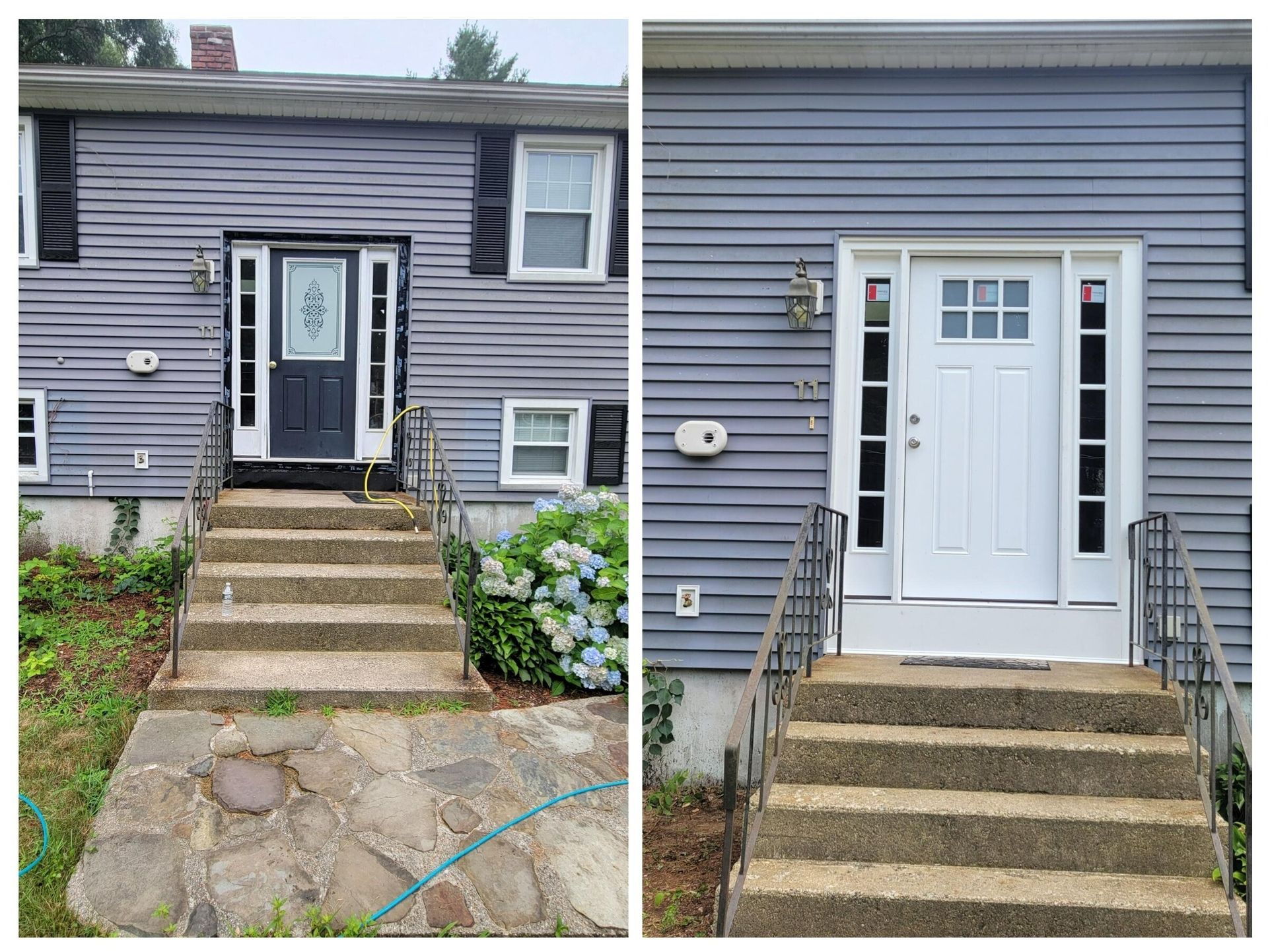 Before and after exterior house renovation: gray siding, white door, and trim. Concrete steps and a small yard.