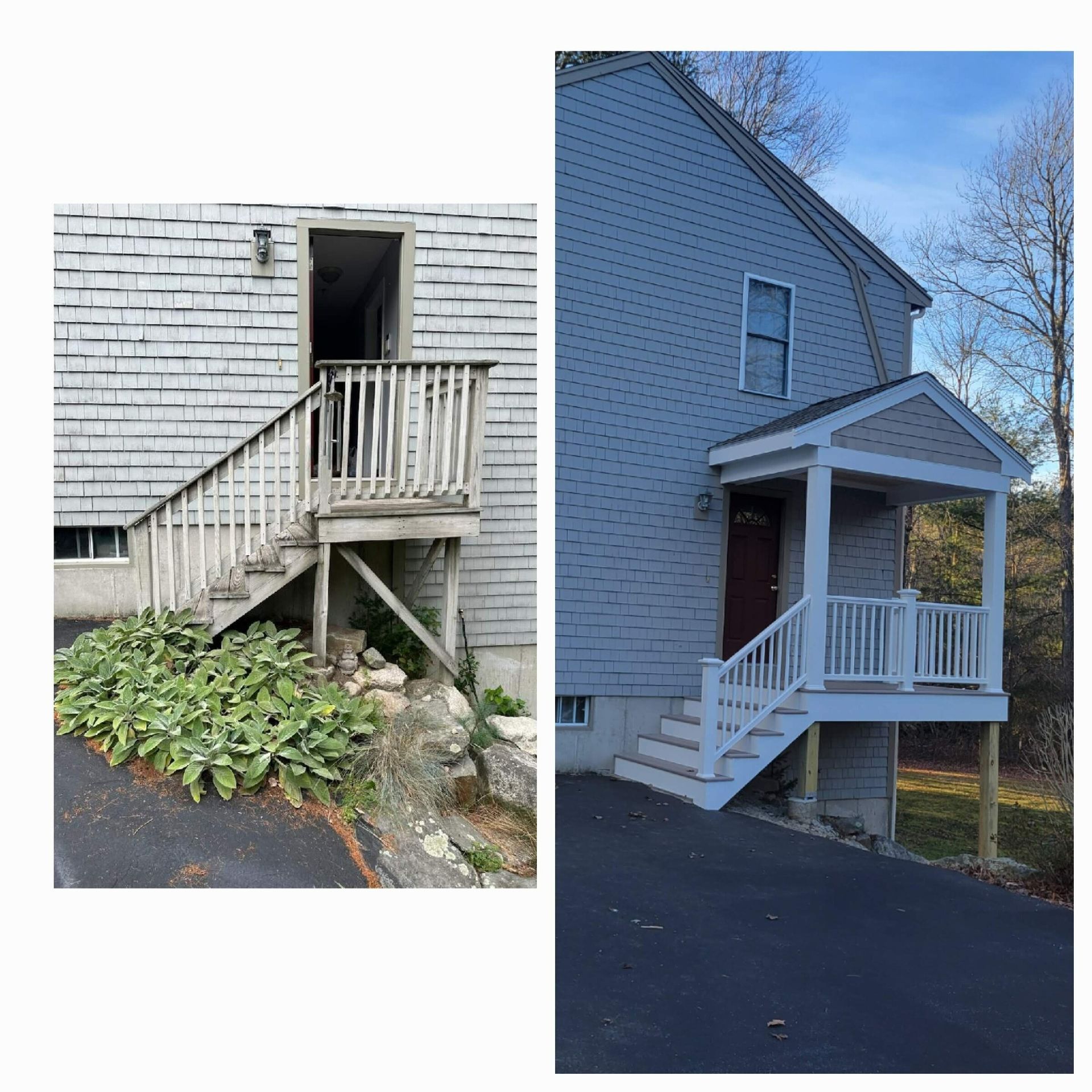 Before and after of a home's exterior steps and entry. The original steps are wooden and weathered, the updated structure is white with a covered porch.