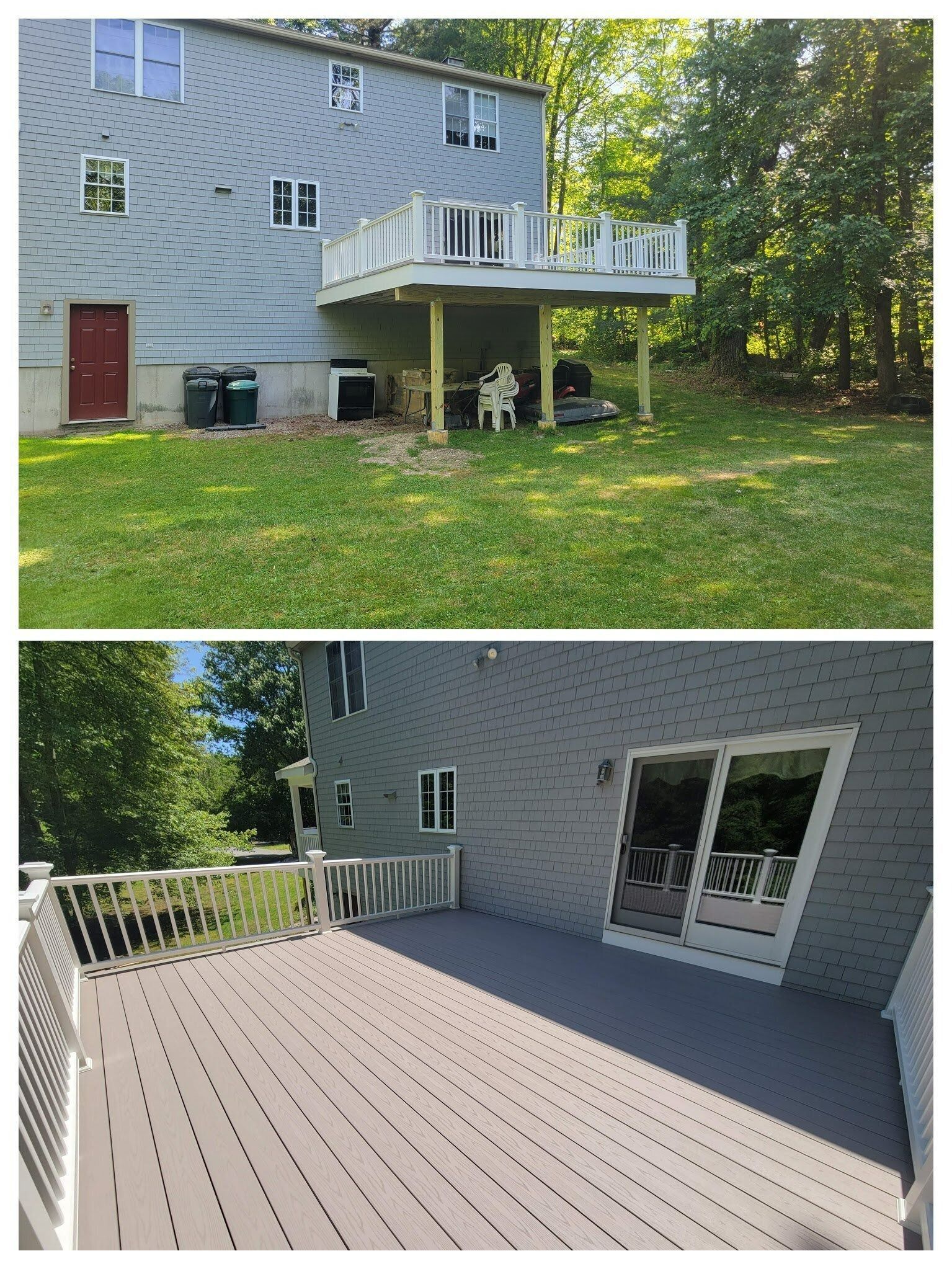 Top: Gray house with deck overlooking a grassy yard. 
Bottom: Deck with gray composite decking, side view.