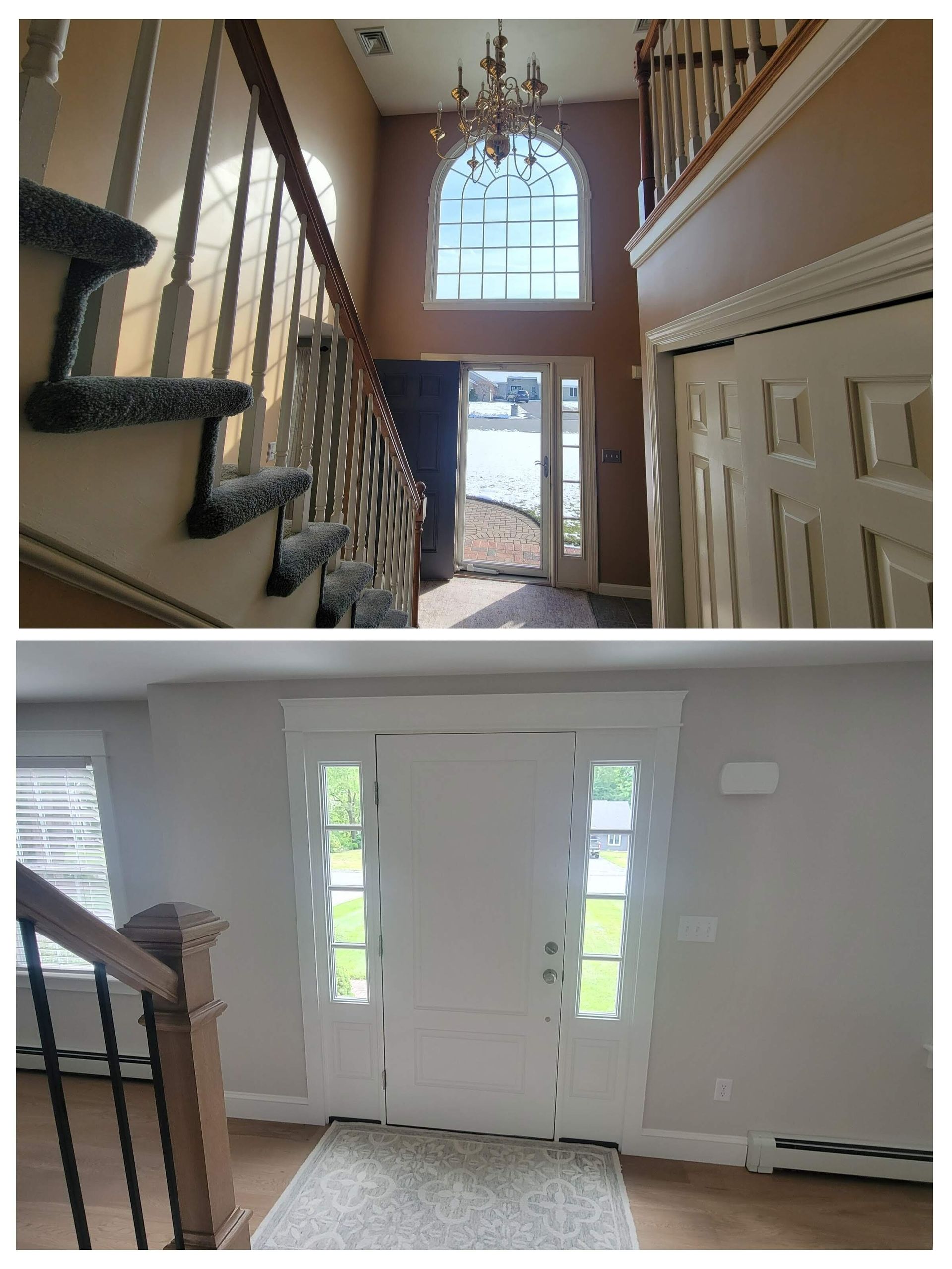 Two photos of a home's entryway: staircase, front door with sidelights, chandelier, light walls, and hardwood floors.