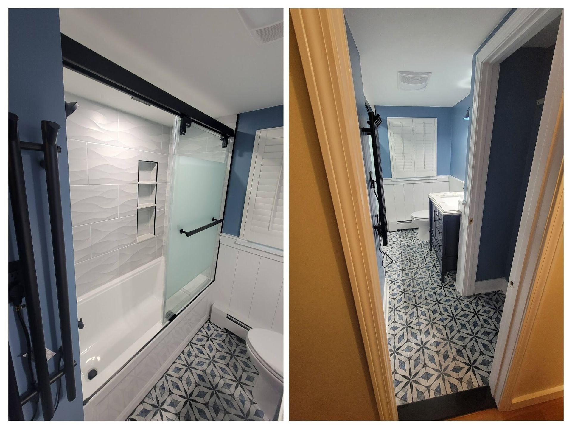 Two photos showing a newly renovated bathroom with blue walls, patterned tile, a sliding glass shower door, and modern fixtures.