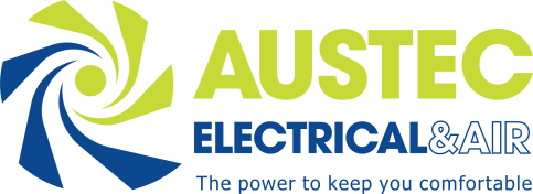 A logo for austec electrical & air with a blue and green swirl