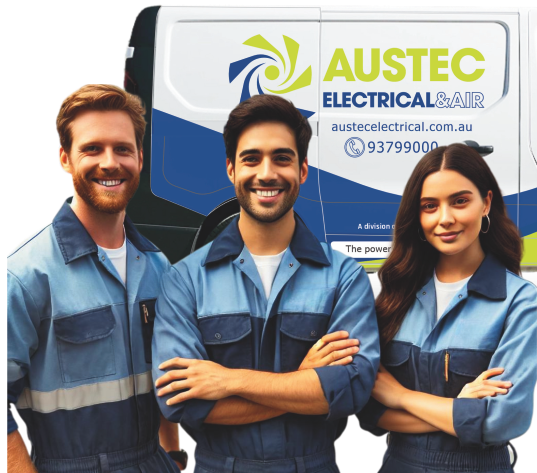 Three people standing in front of an austec electrical and air van
