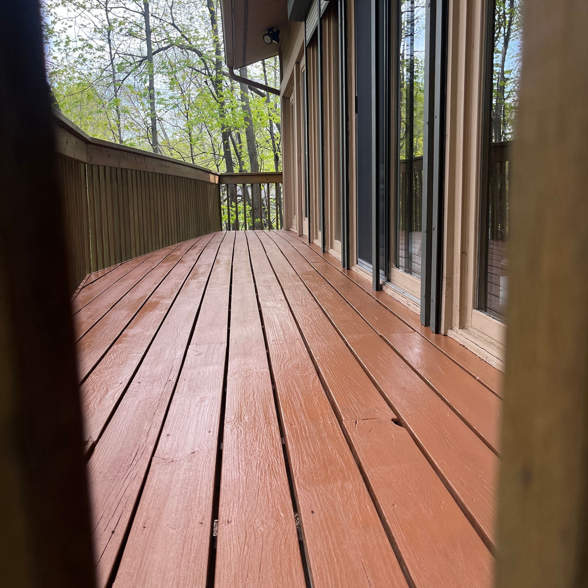 A wooden deck with a lot of windows and trees in the background