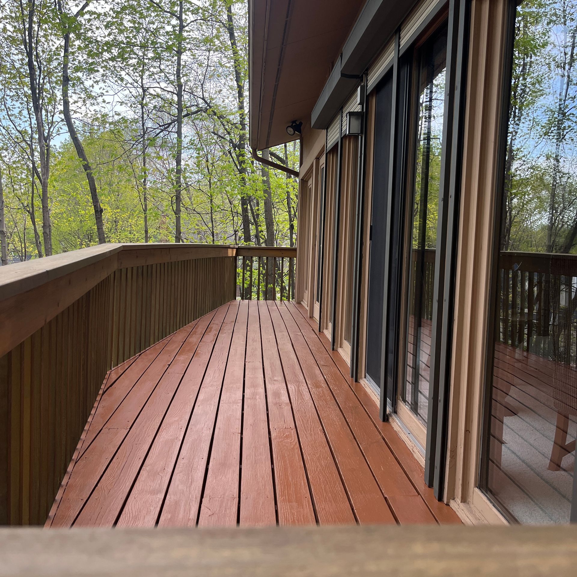 A wooden deck with a lot of windows and trees in the background
