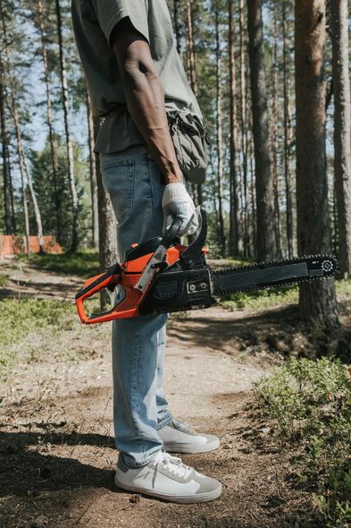 A man is holding a chainsaw in the woods.