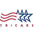 A red , white and blue logo for a company called tric care.