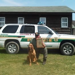 A man and a dog are standing in front of a police car.
