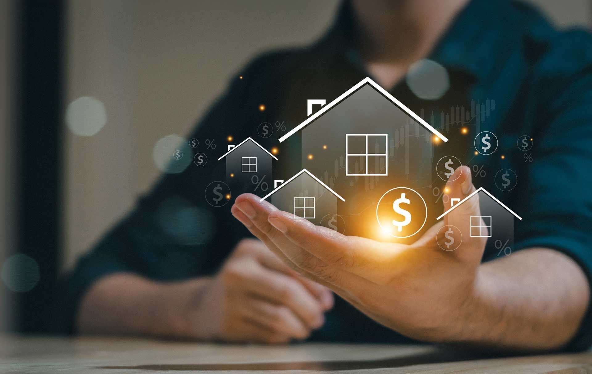 Buy and sell houses representation in a house on a hand