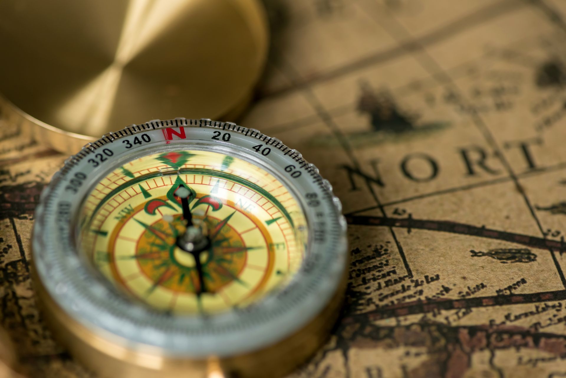 Compass on an aged map, pointing north.