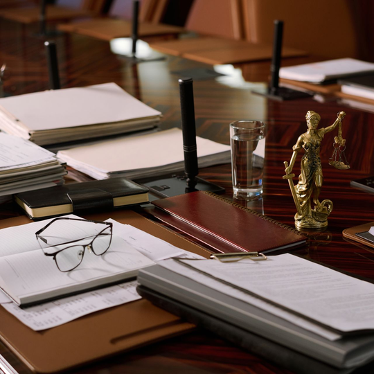 Law office table with documents, glasses, scales of justice statue, and a glass of water.