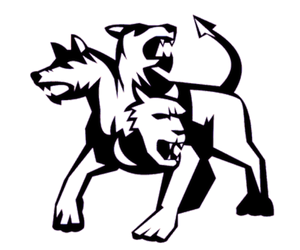 Black-and-white logo of a three-headed dog with a raised tail