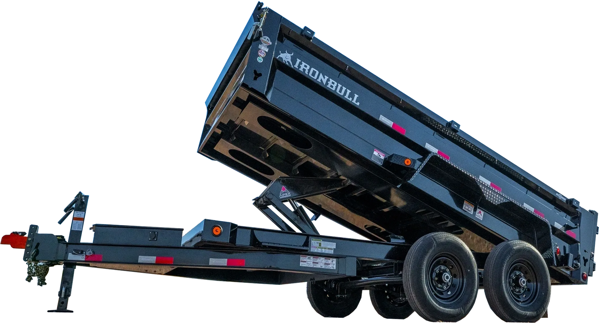Black Iron Bull dump trailer, raised bed, on black wheels, hitched to a tow vehicle.