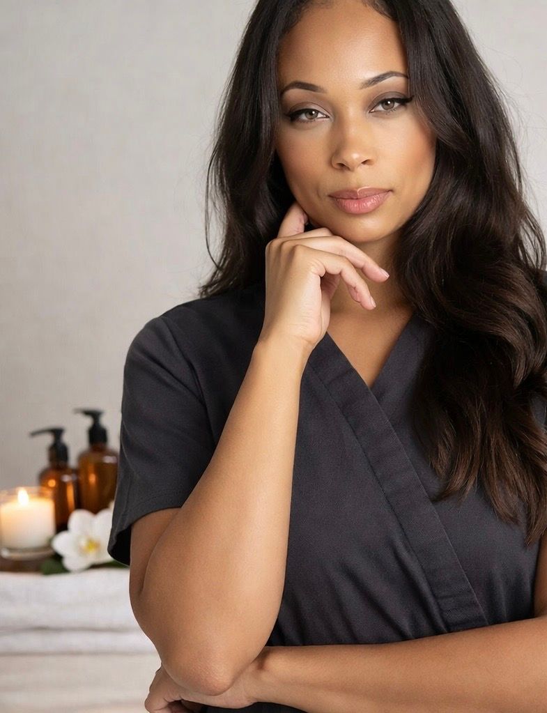 Portrait of a person in a dark robe, resting their chin on their hand beside candles and flowers.