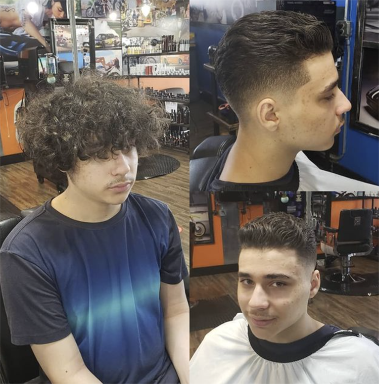 Two men are getting their hair cut in a barber shop
