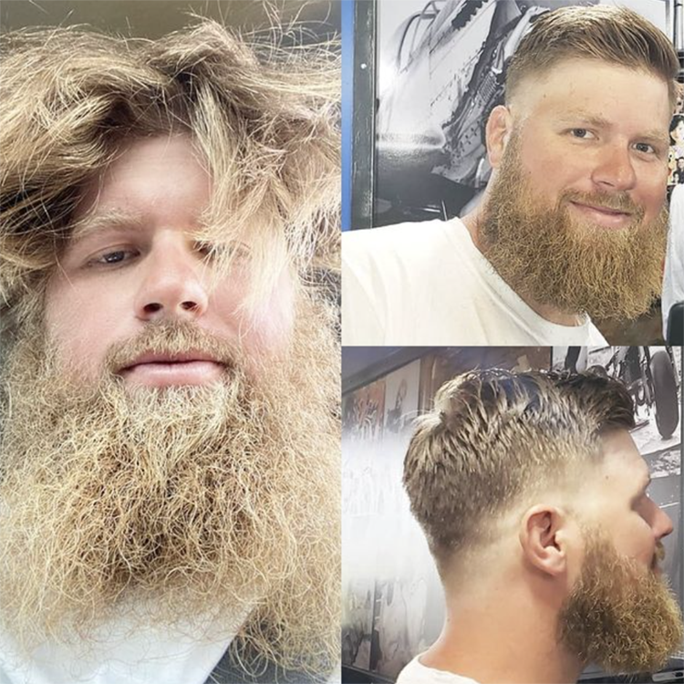 A man with a beard before and after getting his hair cut