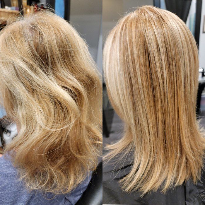 A before and after photo of a woman 's blonde hair.