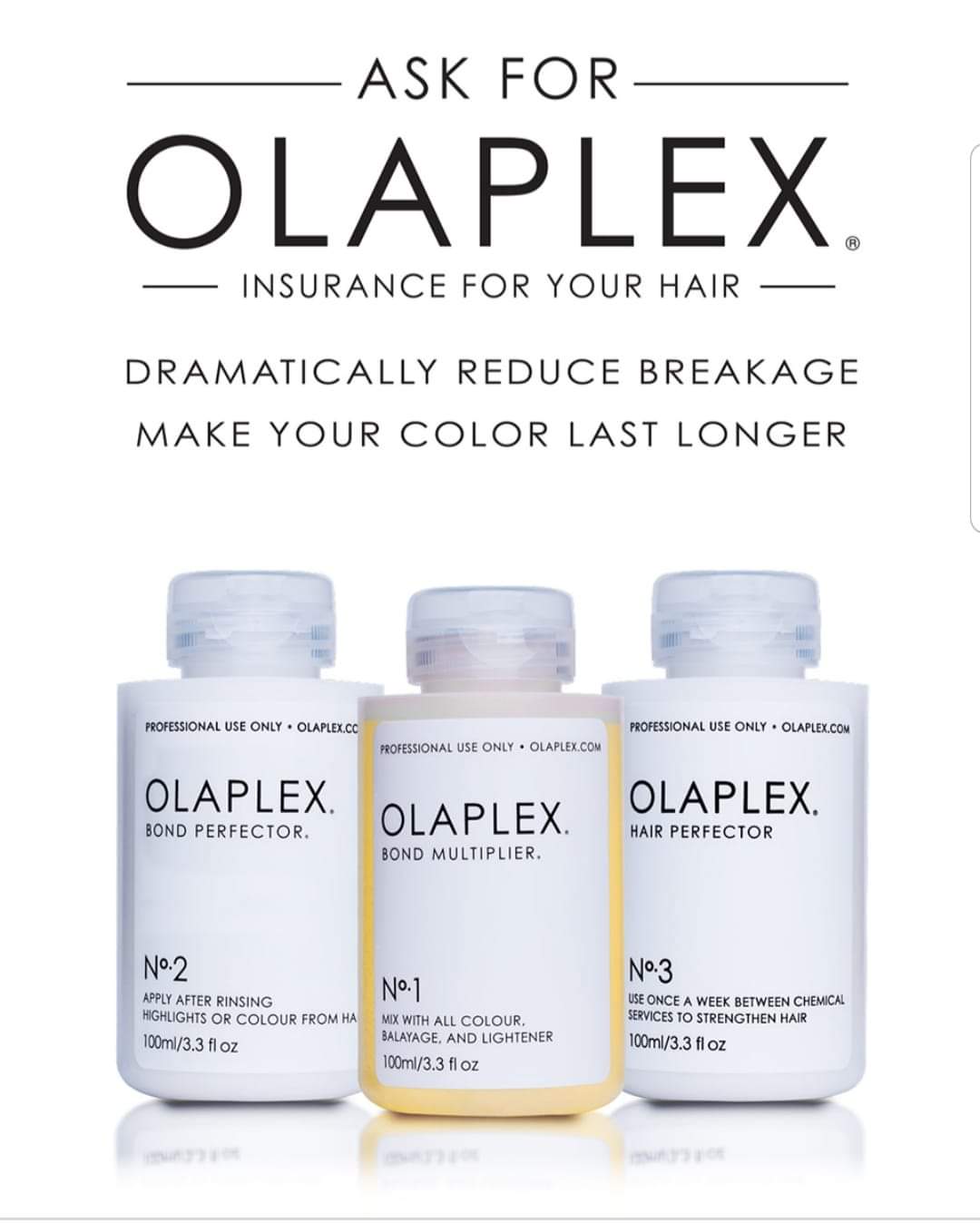 A poster that says ask for olaplex insurance for your hair