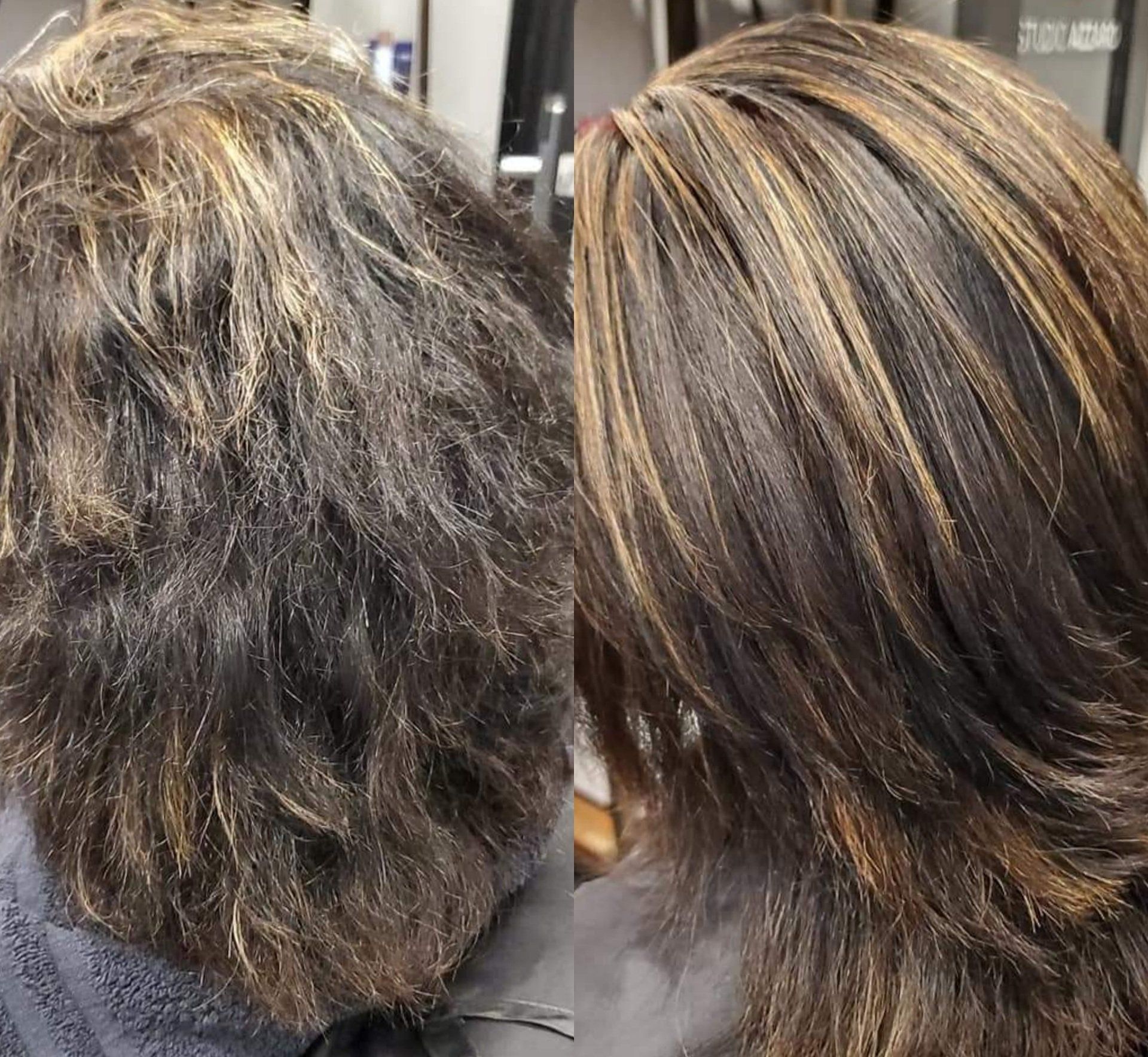 A before and after photo of a woman 's hair in a salon.