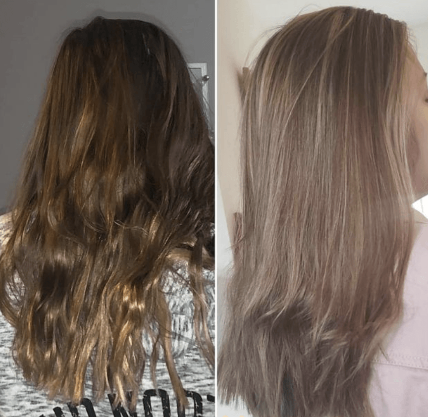 A before and after photo of a woman 's hair