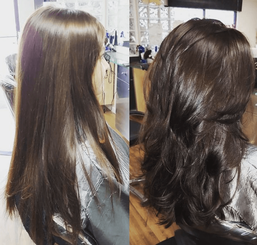 A before and after photo of a woman 's hair