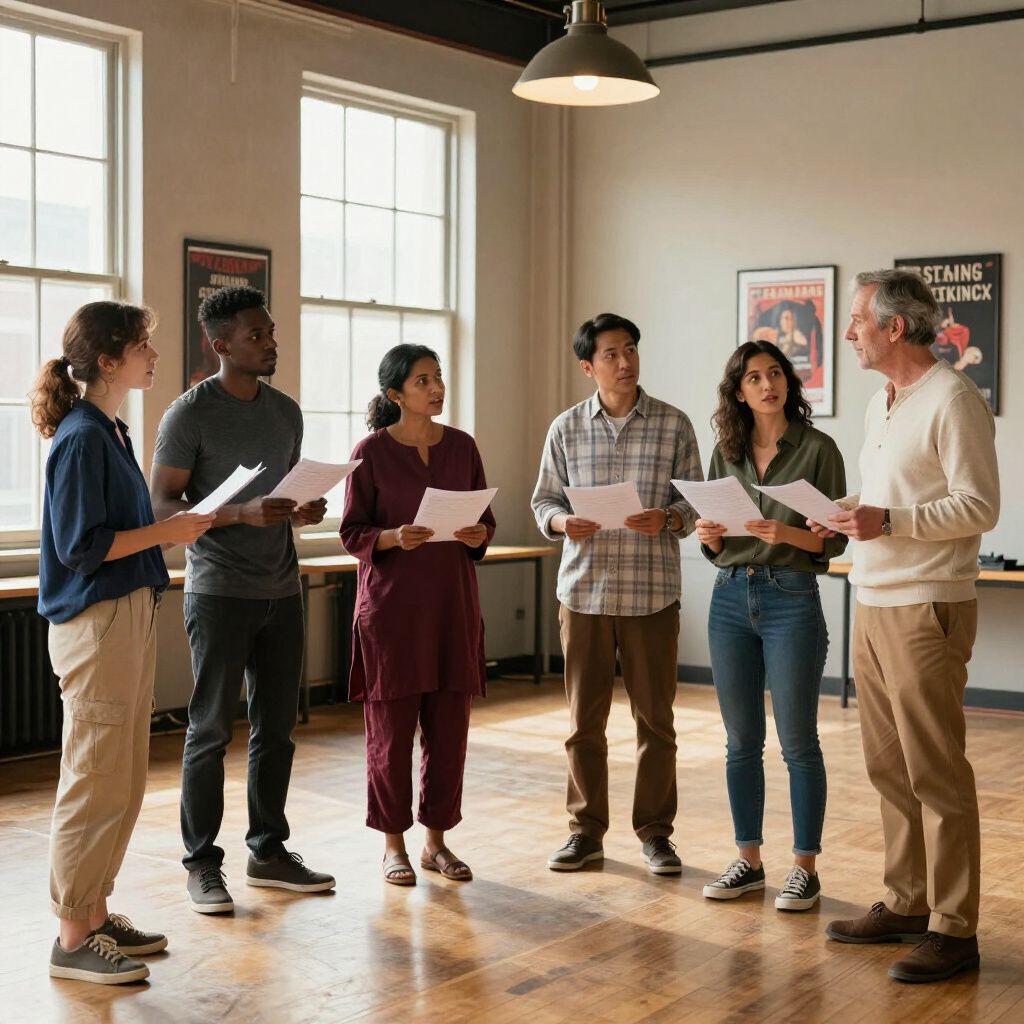 Group of people holding papers, talking with an older person in a room with posters and windows.