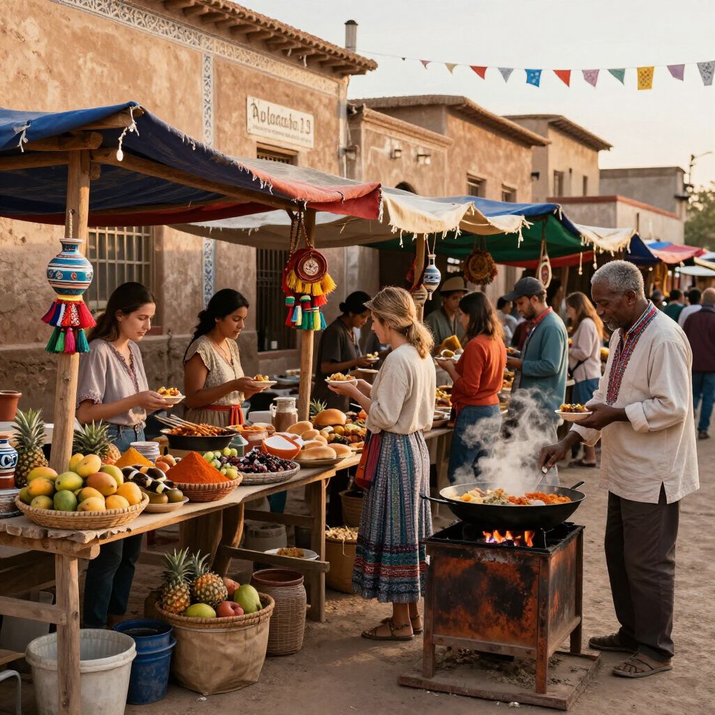 Outdoor market scene; vendors serving food from stalls, customers selecting. Colorful produce and spices displayed.