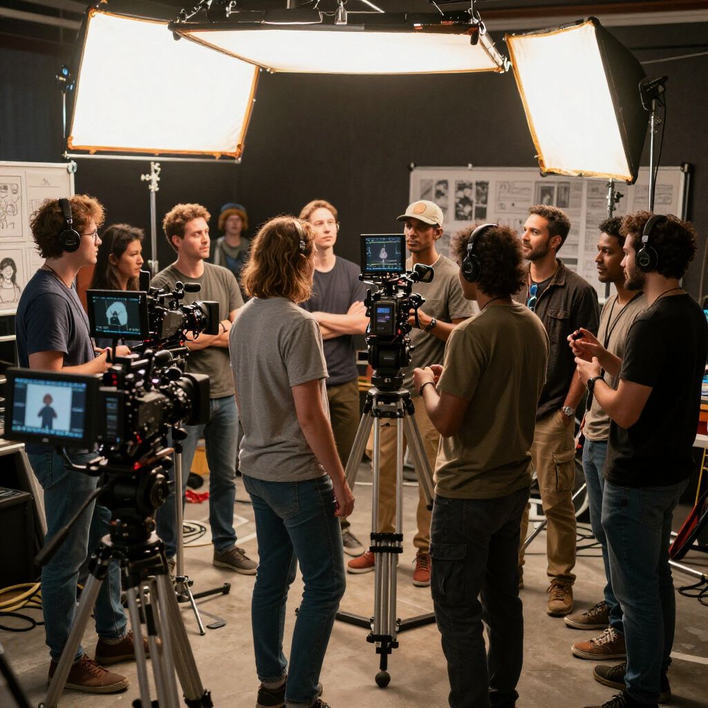 Film crew surrounding cameras on set, lit by studio lights.