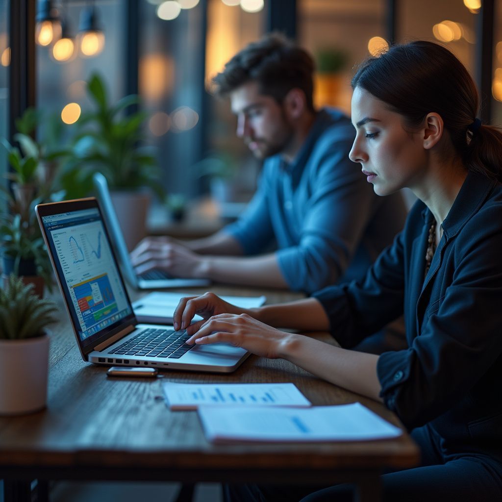 Woman typing on laptop; man in background, both at wooden desk with papers, working.