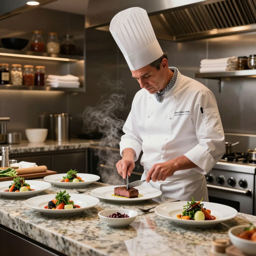 Chef in white uniform plating food in a professional kitchen.