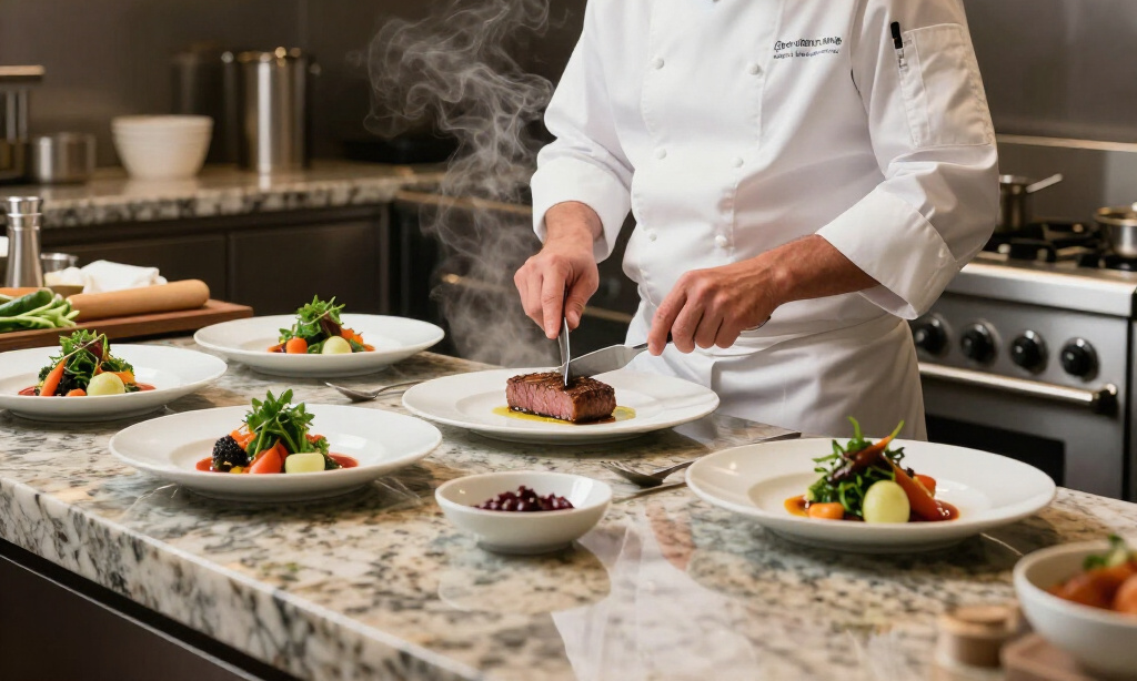 Chef in white uniform plating food in a professional kitchen.