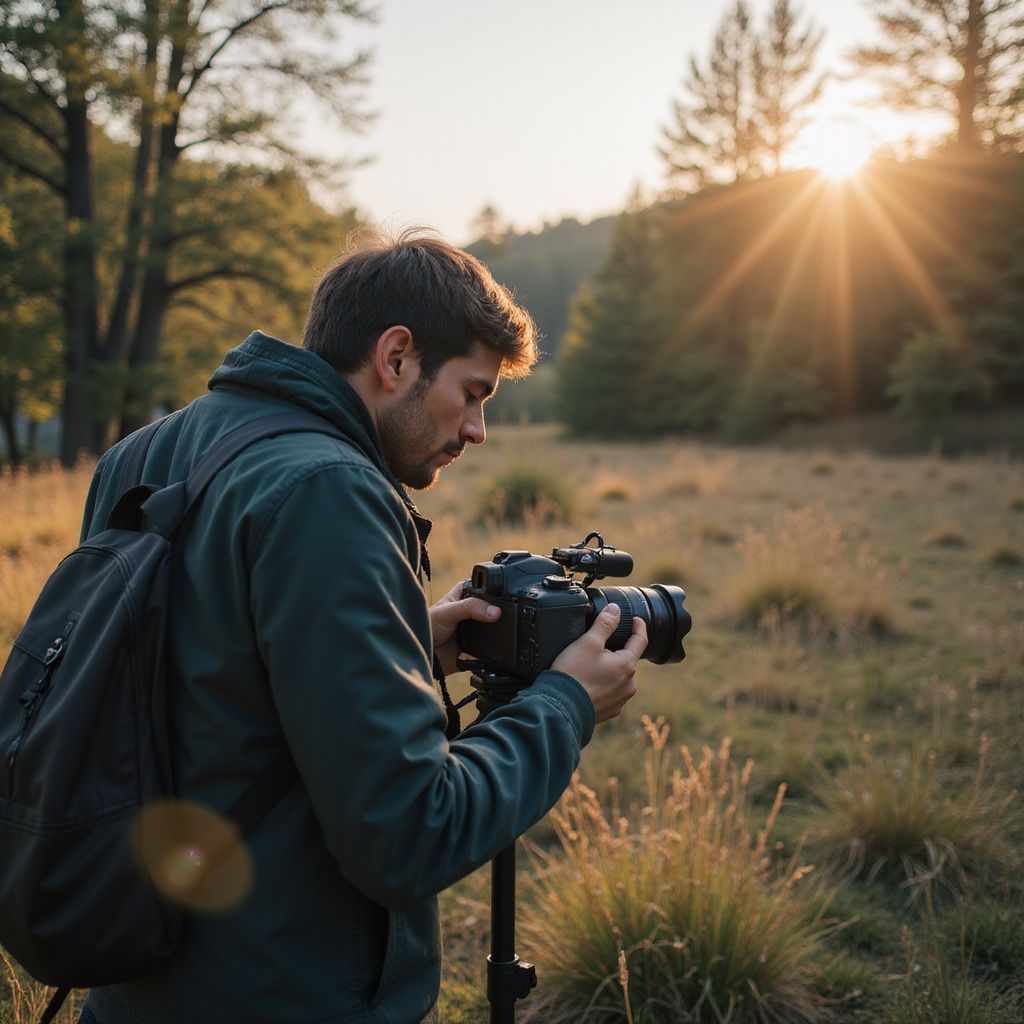 Photographer in green jacket adjusting camera on tripod in a sunlit field with trees.