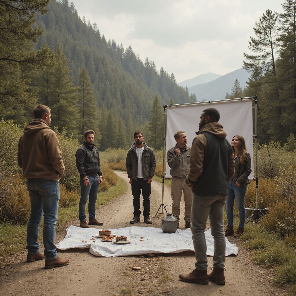 People near a trail, posing for a photo shoot. A backdrop, food, and a kettle are set up in a mountain setting.